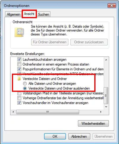 Versteckte Ordner anzeigen bei Windows Vista