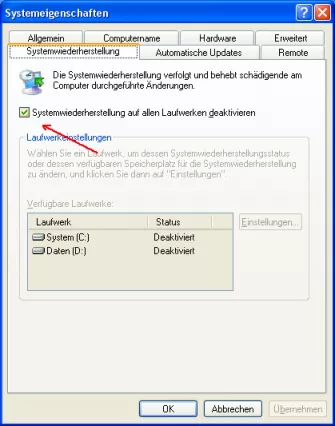 Windows XP Systemwiederherstellung deaktivieren