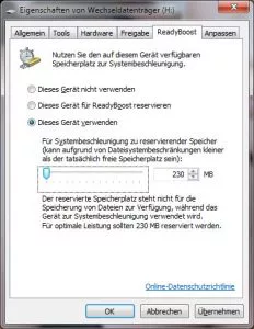 ReadyBoost Einstellungen ReadyBoost Einstellungen