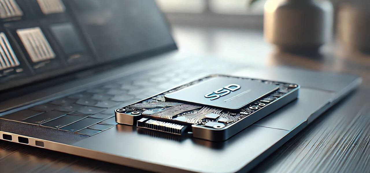 Modernes Laptop mit SSD-Festplatte auf einem Schreibtisch, Fokus auf die SSD im Vordergrund, unscharfer Hintergrund