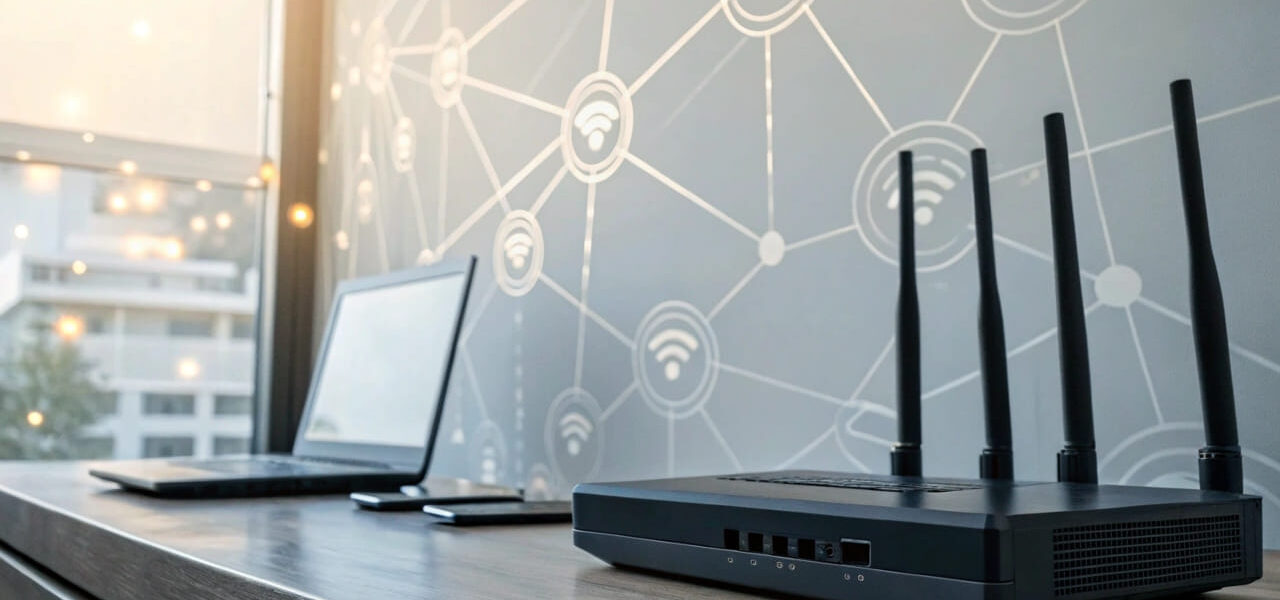 Grafische Darstellung der Entwicklung der WLAN-Standards von IEEE 802.11 bis Wi-Fi 7 mit wichtigen Meilensteinen und technischen Fortschritten.