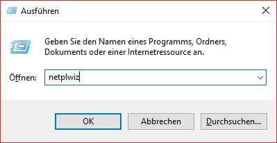 netplwiz im Ausführen Fenster bei Windows 10