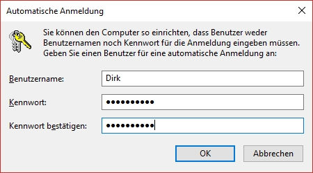 Benutzername und Passwort für das Autologin eingeben
