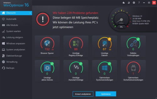 Ashampoo® WinOptimizer 16 ohne Optimierung