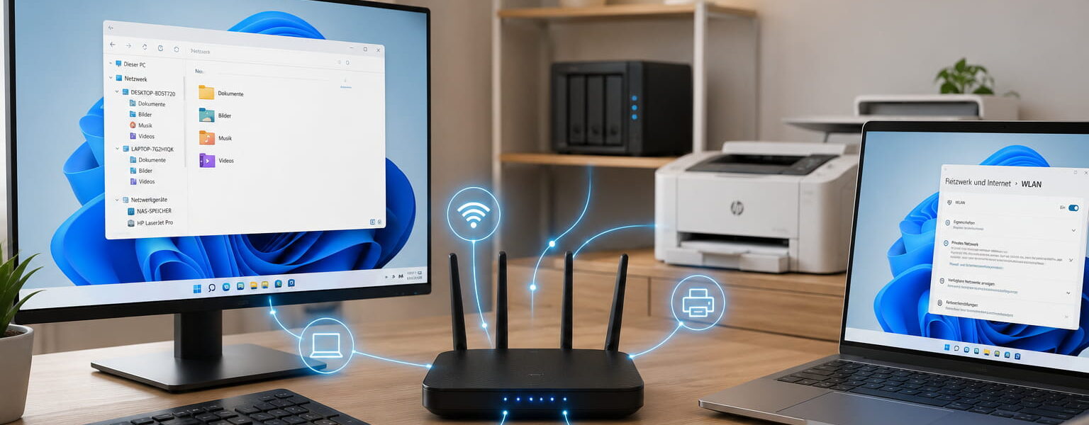 Heimnetzwerk aufbauen mit Windows-PC, Laptop, Router und Drucker