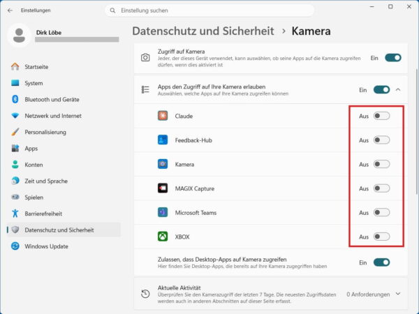 Kamera-Zugriff für einzelne Apps in Windows 11 verwalten