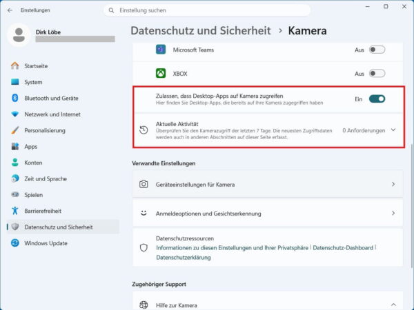 Desktop-Apps mit Kamera-Zugriff unter Windows 11