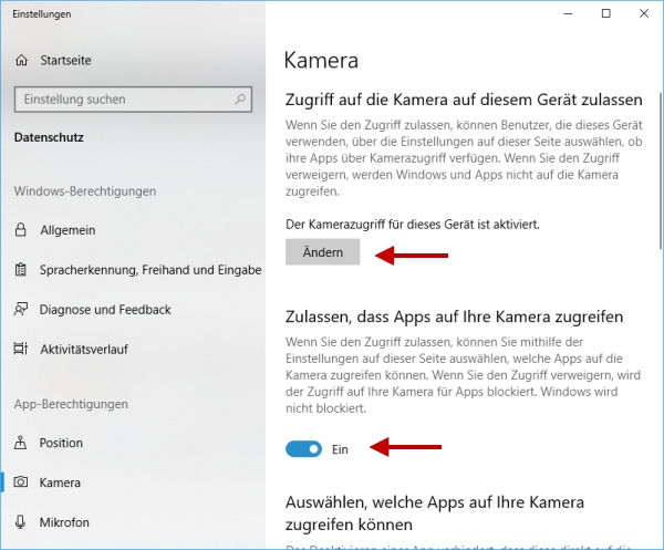 Einstellungen für den Kamerazugriff