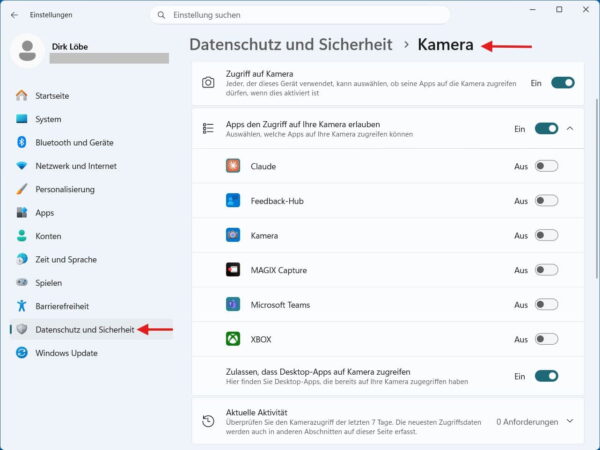 Kamera-Zugriff in den Datenschutzeinstellungen von Windows 11
