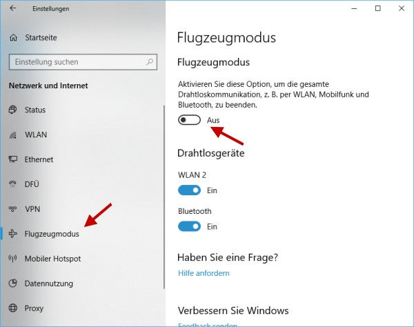 Flugzeugmodus aktivieren bei Windows