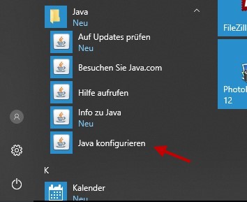 Java Konfiguration öffnen
