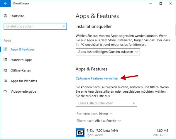 Windows Media Player deinstallieren optionale Features verwalten