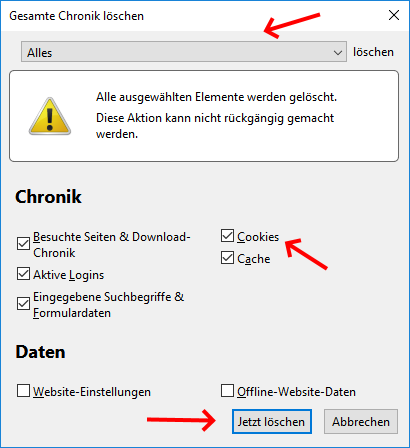 Verlauf und Cookies im Firefox löschen