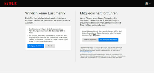 Netflix kündigen direkt im Account