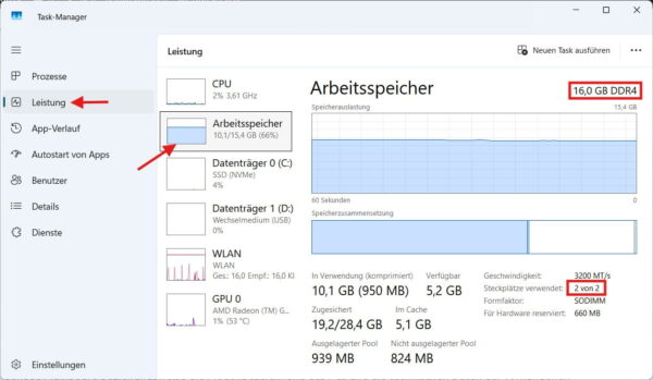 Arbeitsspeicher im Windows-Task-Manager überprüfen Arbeitsspeicher im Windows-Task-Manager mit Größe, Geschwindigkeit und belegten Steckplätzen