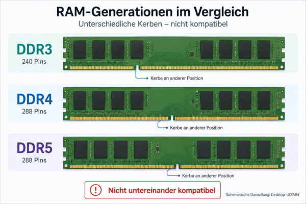 DDR3, DDR4 und DDR5 im Vergleich DDR3, DDR4 und DDR5 mit unterschiedlich positionierten Kerben im Vergleich