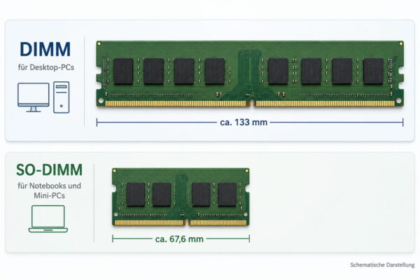 DIMM und SO-DIMM im Vergleich DIMM und SO-DIMM im Vergleich mit Größenunterschied für Desktop-PCs und Notebooks