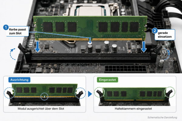 Arbeitsspeicher im Desktop-PC einbauen Arbeitsspeicher im Desktop-PC richtig einsetzen und Halteklammern einrasten