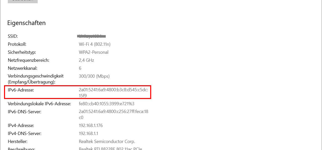 zugewiesene IPv6 Adresse anzeigen