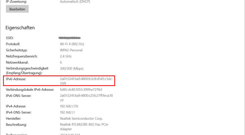 zugewiesene IPv6 Adresse anzeigen