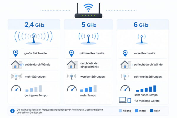Vergleich von 2,4 GHz, 5 GHz und 6 GHz im WLAN mit Reichweite, Störungen und Geschwindigkeit