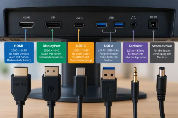 Wichtige Anschlüsse bei einem WQHD Monitor Anschlüsse eines WQHD Monitors mit HDMI, DisplayPort und USB-C