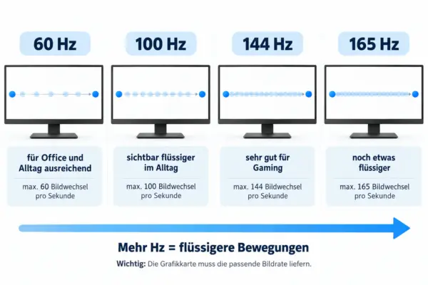 Bildwiederholrate bei WQHD Monitoren im Vergleich WQHD Monitor mit 60, 100, 144 und 165 Hz im Vergleich
