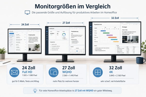 Monitor im Homeoffice: Größe und Auflösung im Vergleich Monitor im Homeoffice im Vergleich mit 24 Zoll Full HD, 27 Zoll WQHD und 32 Zoll 4K