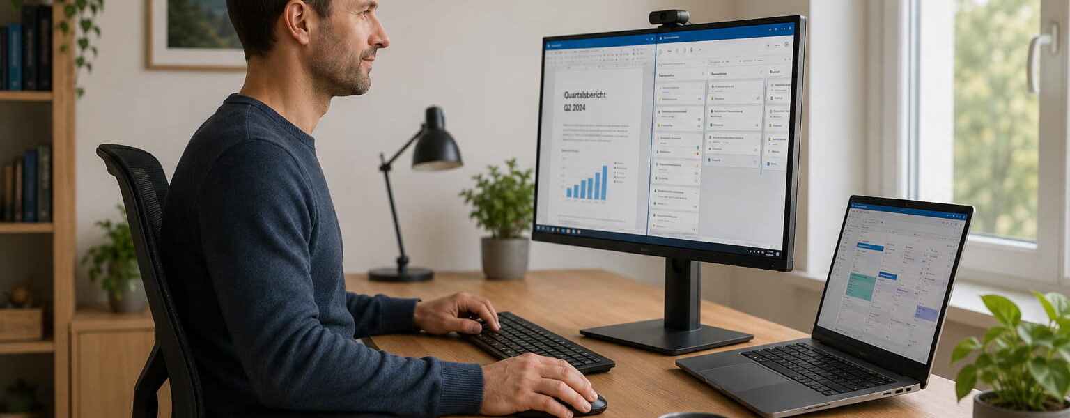 Monitor im Homeoffice mit ergonomischem Arbeitsplatz, Notebook, Tastatur und Maus