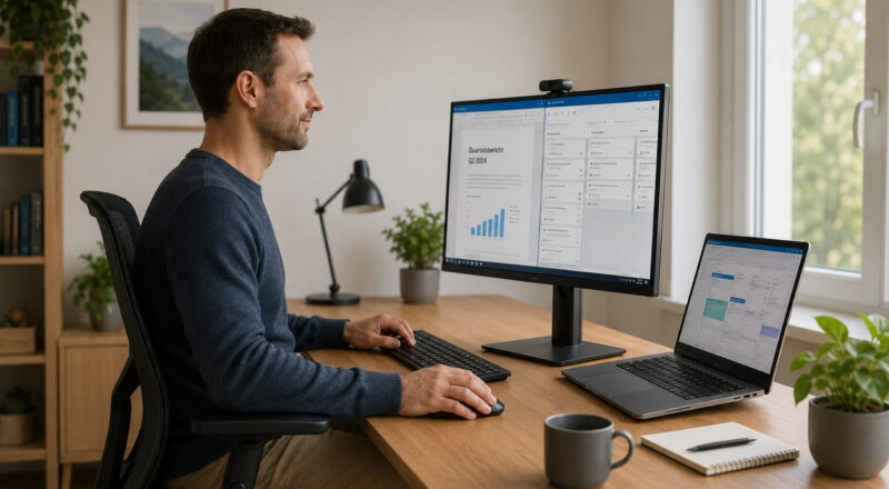 Monitor im Homeoffice mit ergonomischem Arbeitsplatz, Notebook, Tastatur und Maus