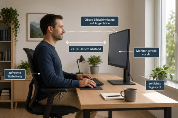 Monitor im Homeoffice richtig aufstellen und einstellen Monitor im Homeoffice ergonomisch aufstellen mit richtigem Abstand und passender Bildschirmhöhe
