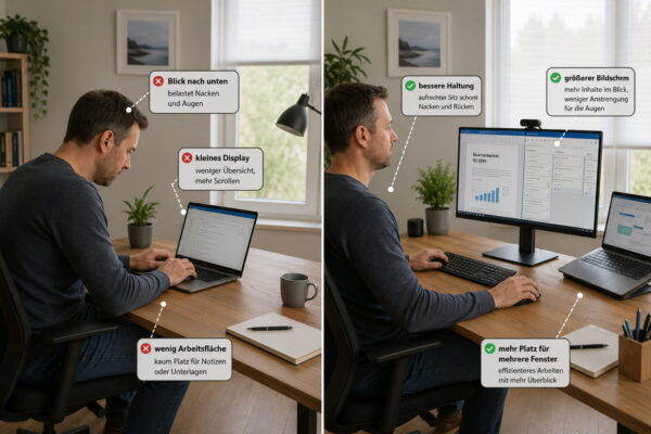 Monitor im Homeoffice: Externer Bildschirm statt Notebook-Display Monitor im Homeoffice im Vergleich zu einem Notebook-Display mit Vorteilen für Haltung, Übersicht und Arbeitsfläche