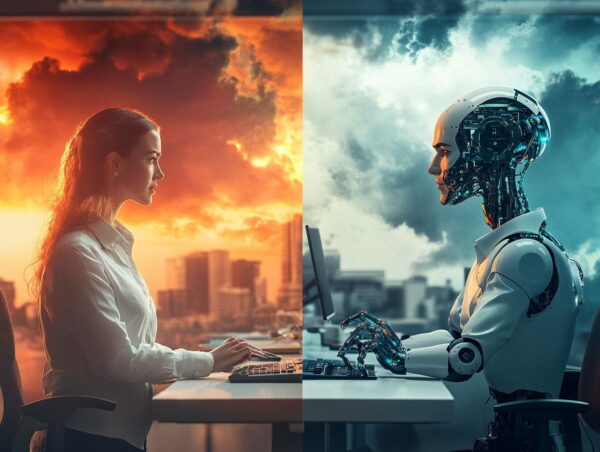 KI im Job: Chancen und Risiken für die Zukunft der Arbeit Mensch und KI im Job: Ein Büro zeigt die Dualität von Chancen und Bedrohungen durch Künstliche Intelligenz.