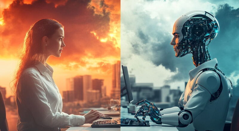 Mensch und KI im Job: Ein Büro zeigt die Dualität von Chancen und Bedrohungen durch Künstliche Intelligenz.