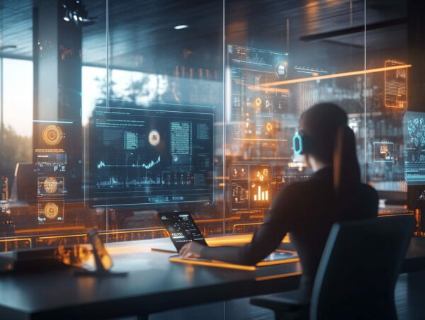 KI revolutioniert deine Arbeitswelt: Zukunftsweisendes Büro mit KI-Technologie Modernes Büro mit Mitarbeiter an holografischen Bildschirmen und KI-Assistenten-Icons, die die revolutionierte Arbeitswelt zeigen