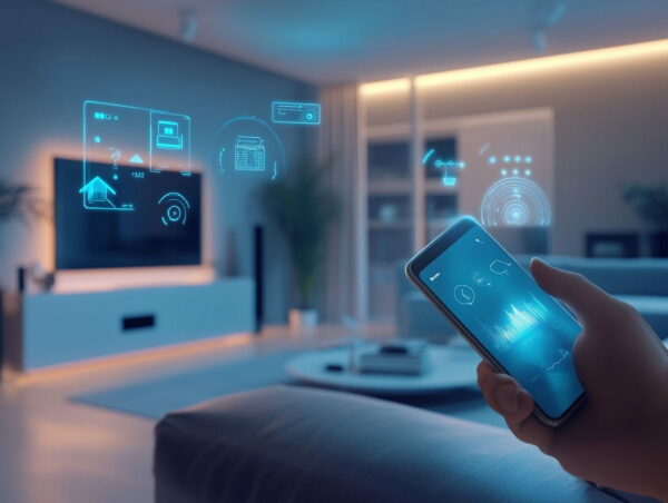 KI revolutioniert dein Zuhause: Smart-Home-Steuerung im modernen Wohnzimmer Modernes Wohnzimmer mit KI-gesteuerten Smart-Home-Geräten und Smartphone-Steuerung