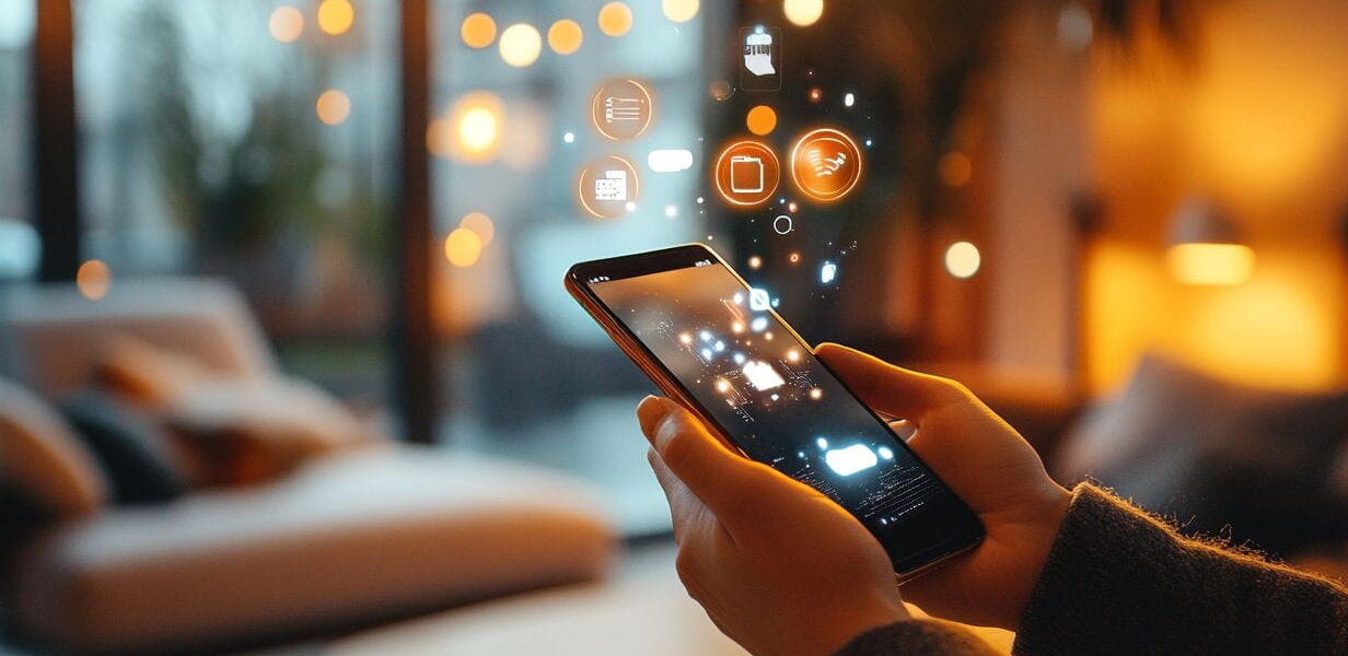 Hand hält Smartphone mit KI-Hologrammen, Künstliche Intelligenz im modernen Alltag