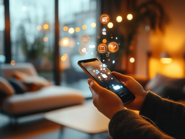 Künstliche Intelligenz im Alltag: Smartphone mit KI-Hologrammen Hand hält Smartphone mit KI-Hologrammen, Künstliche Intelligenz im modernen Alltag