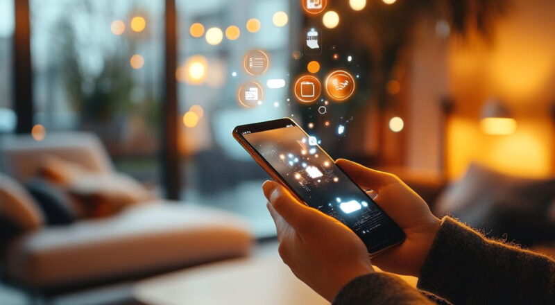 Hand hält Smartphone mit KI-Hologrammen, Künstliche Intelligenz im modernen Alltag