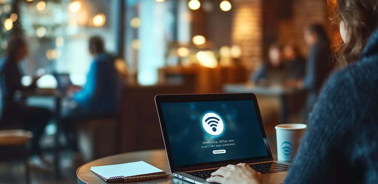 Person in einem Café nutzt Laptop mit VPN-Hinweis zur sicheren Nutzung von öffentlichem WLAN