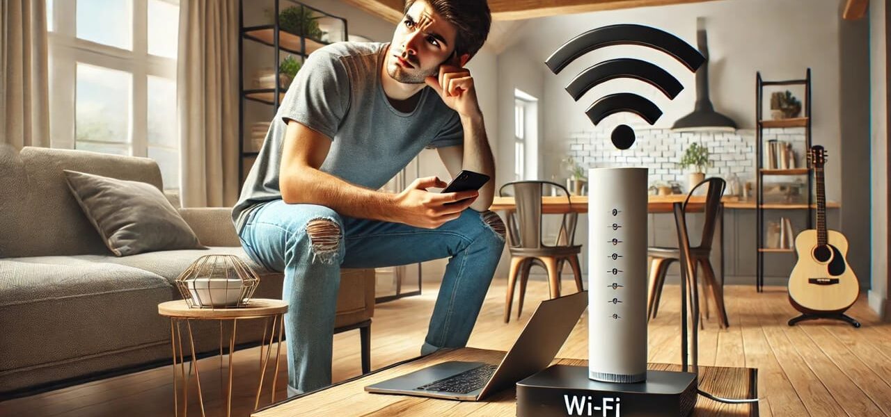 Person versucht, WLAN-Probleme im Wohnzimmer zu beheben