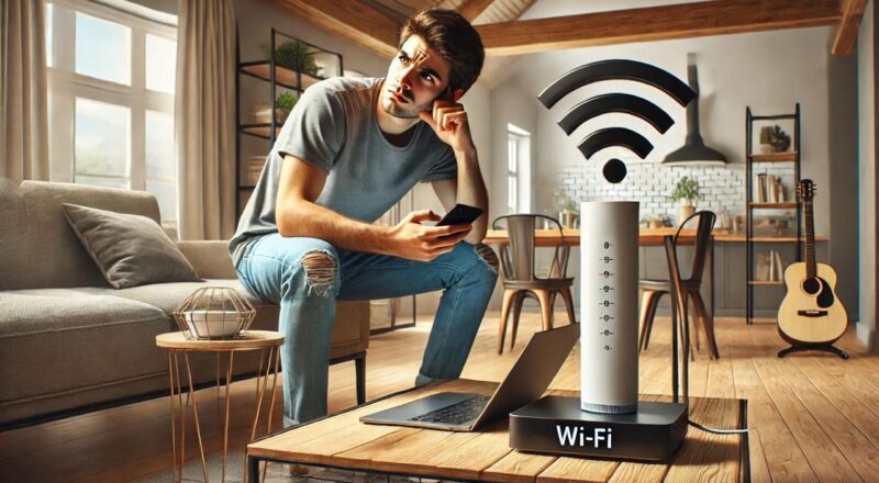 Person versucht, WLAN-Probleme im Wohnzimmer zu beheben