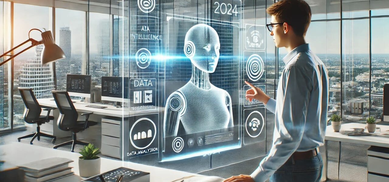 Mensch interagiert mit KI-Assistent im Büro 2024, holografisches Interface, moderne Technologien