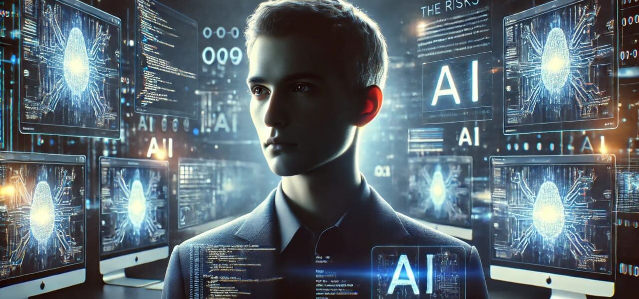 Person im dunklen Raum vor Computerbildschirm, nachdenklich über die Risiken der Künstlichen Intelligenz.
