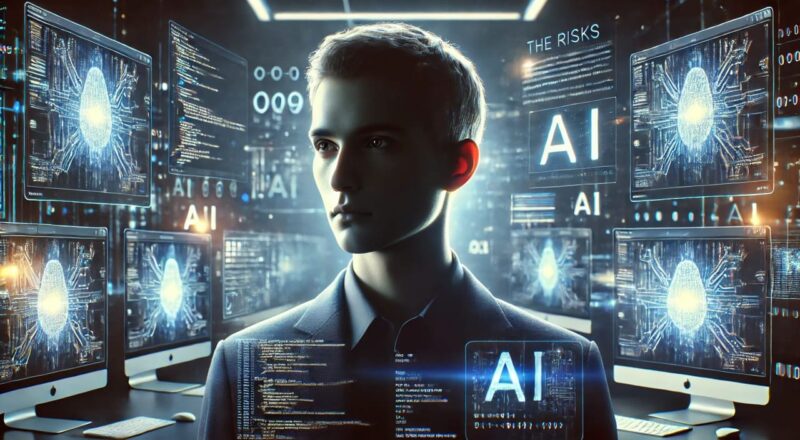 Person im dunklen Raum vor Computerbildschirm, nachdenklich über die Risiken der Künstlichen Intelligenz.