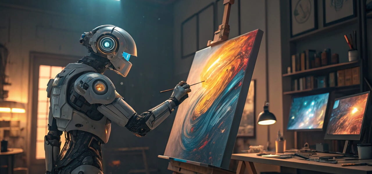 Humanoider Roboter malt abstrakte Kunst auf einer Leinwand in einem futuristischen Studio mit technologischen und künstlerischen Elementen.