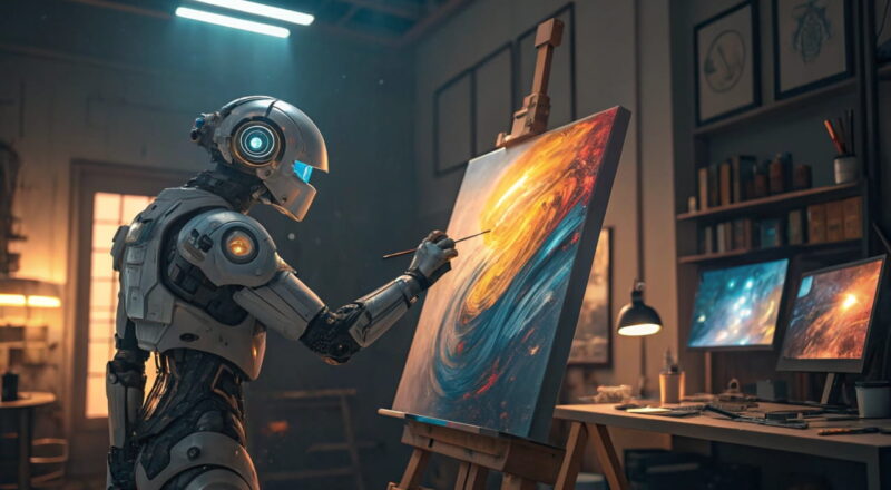 Humanoider Roboter malt abstrakte Kunst auf einer Leinwand in einem futuristischen Studio mit technologischen und künstlerischen Elementen.