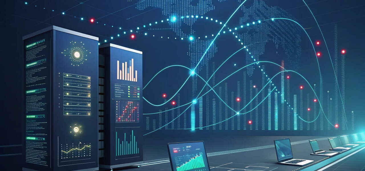 Visualisierung der Datensammlung und -verarbeitung durch KI mit digitalen Netzwerken und Informationen in einer futuristischen Darstellung.