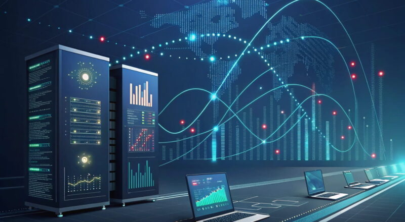 Visualisierung der Datensammlung und -verarbeitung durch KI mit digitalen Netzwerken und Informationen in einer futuristischen Darstellung.