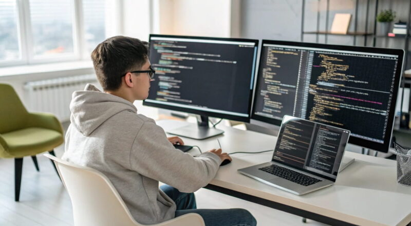 Programmierer beim Debugging, analysiert Code und nutzt Debugging-Tools.